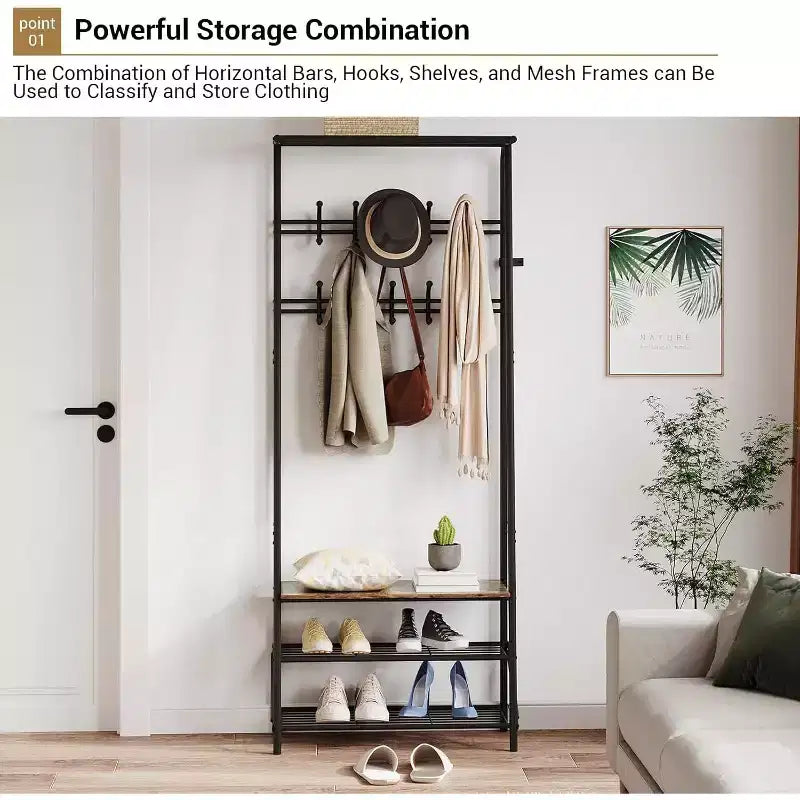 Meuble d'entrée 4-en-1 avec porte-chaussures et crochets, cadre en acier