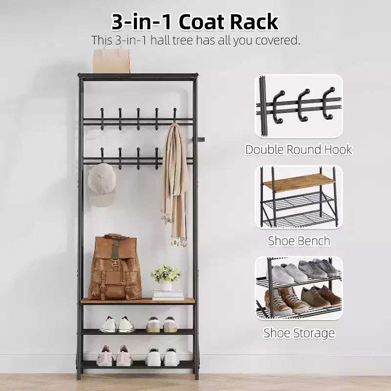 Meuble d'entrée 4-en-1 avec porte-chaussures et crochets, cadre en acier