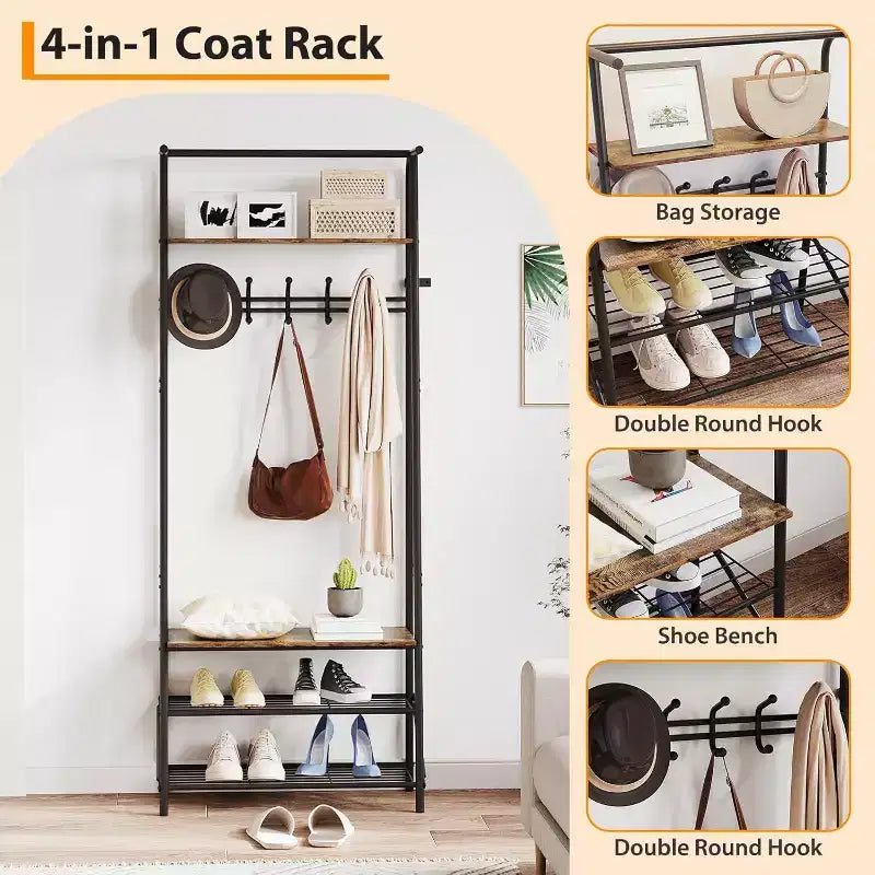 Meuble d'entrée 4-en-1 avec porte-chaussures et crochets, cadre en acier