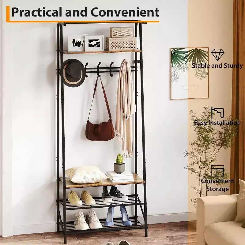 Meuble d'entrée 4-en-1 avec porte-chaussures et crochets, cadre en acier