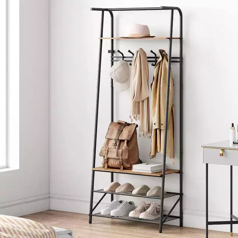 Meuble d'entrée 4-en-1 avec porte-chaussures et crochets, cadre en acier