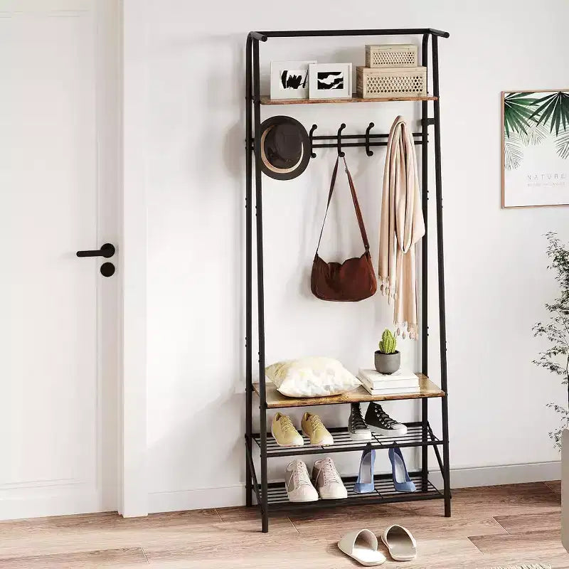 Meuble d'entrée 4-en-1 avec porte-chaussures et crochets, cadre en acier