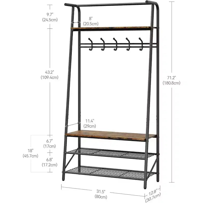 Meuble d'entrée 4-en-1 avec porte-chaussures et crochets, cadre en acier
