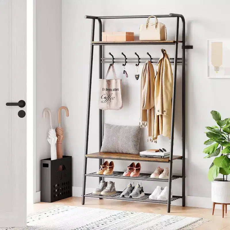 Meuble d'entrée 4-en-1 avec porte-chaussures et crochets, cadre en acier