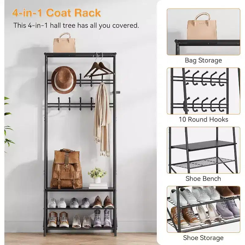 Meuble d'entrée 4-en-1 avec porte-chaussures et crochets, cadre en acier