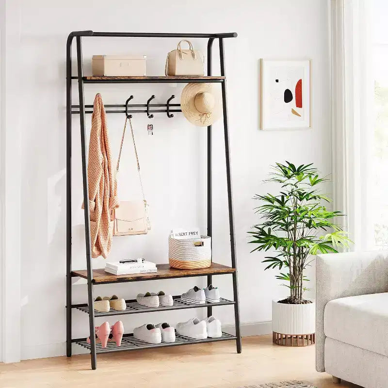 Meuble d'entrée 4-en-1 avec porte-chaussures et crochets, cadre en acier