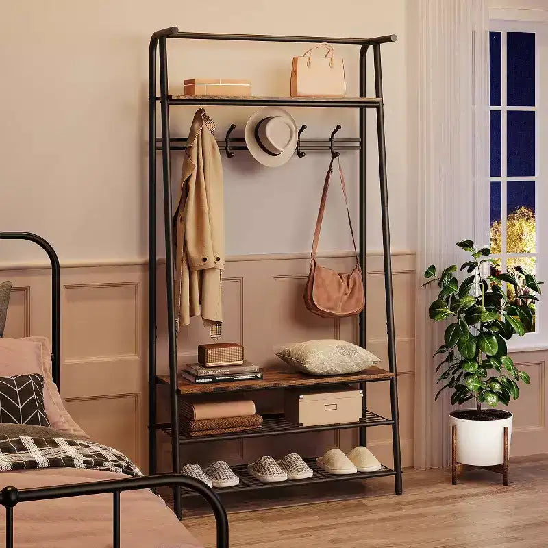 Meuble d'entrée 4-en-1 avec porte-chaussures et crochets, cadre en acier