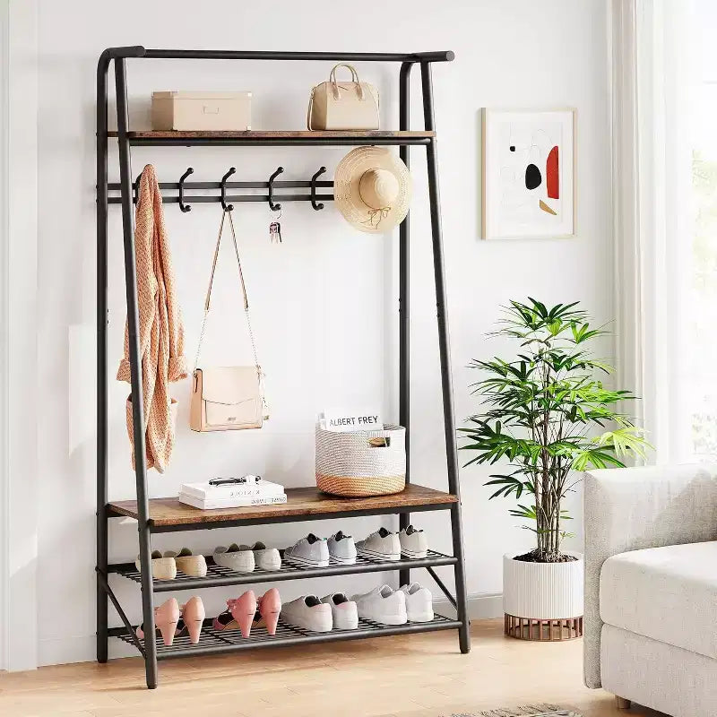Meuble d'entrée 4-en-1 avec porte-chaussures et crochets, cadre en acier