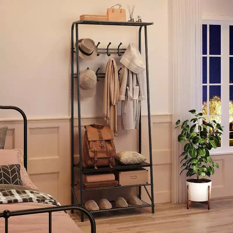 Meuble d'entrée 4-en-1 avec porte-chaussures et crochets, cadre en acier