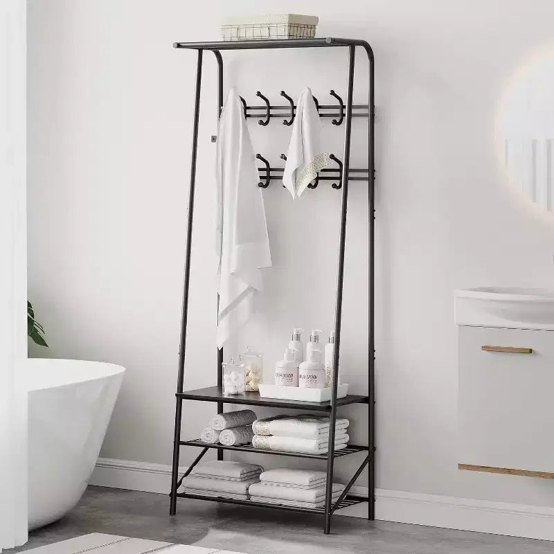 Meuble d'entrée 4-en-1 avec porte-chaussures et crochets, cadre en acier