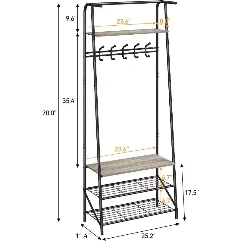 Meuble d'entrée 4-en-1 avec porte-chaussures et crochets, cadre en acier