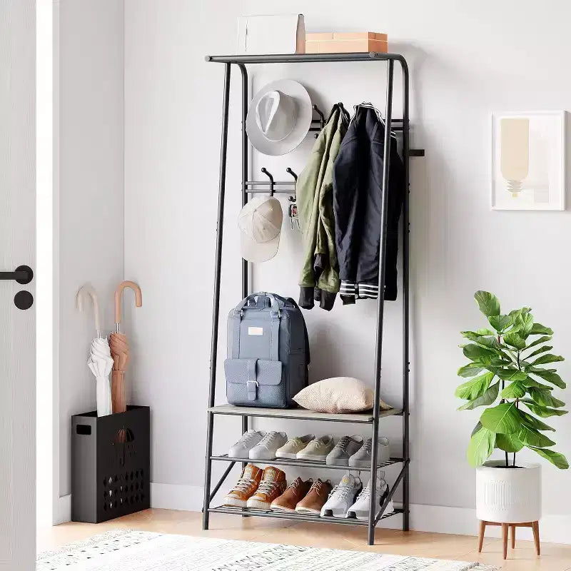 Meuble d'entrée 4-en-1 avec porte-chaussures et crochets, cadre en acier