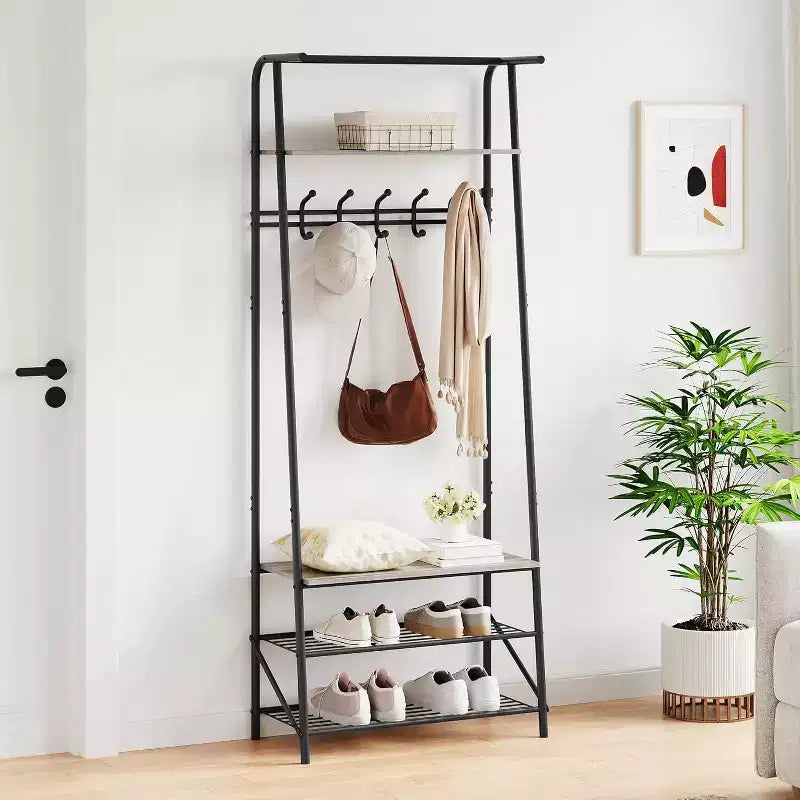 Meuble d'entrée 4-en-1 avec porte-chaussures et crochets, cadre en acier