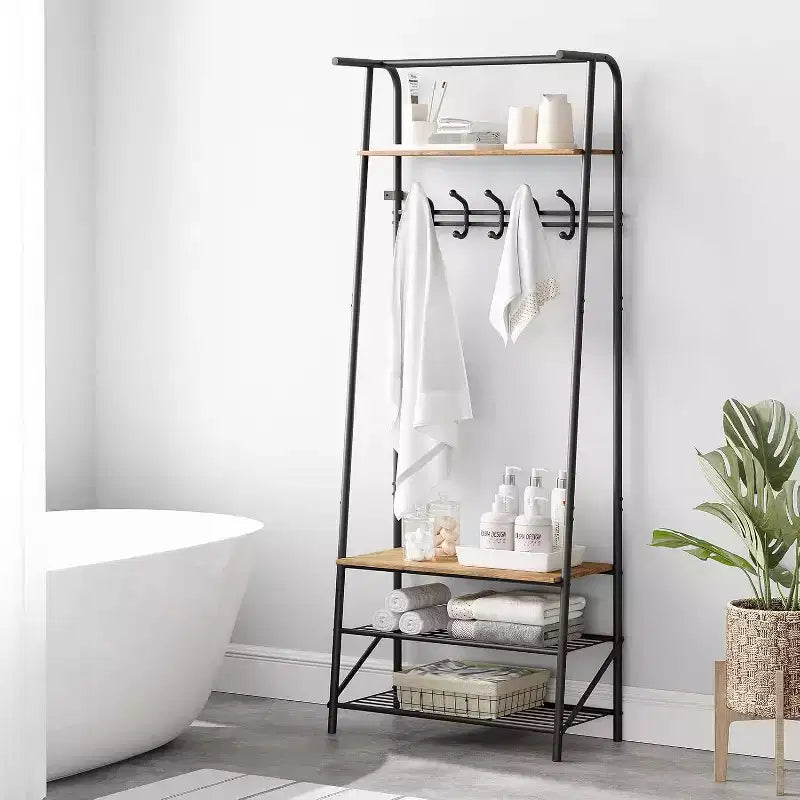 Meuble d'entrée 4-en-1 avec porte-chaussures et crochets, cadre en acier