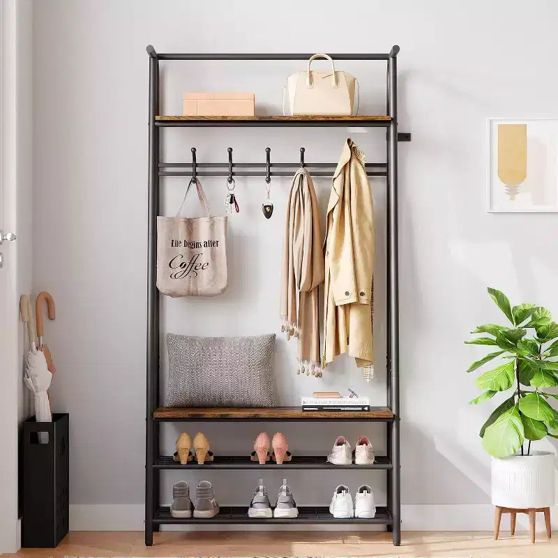 Meuble d'entrée 4-en-1 avec porte-chaussures et crochets, cadre en acier
