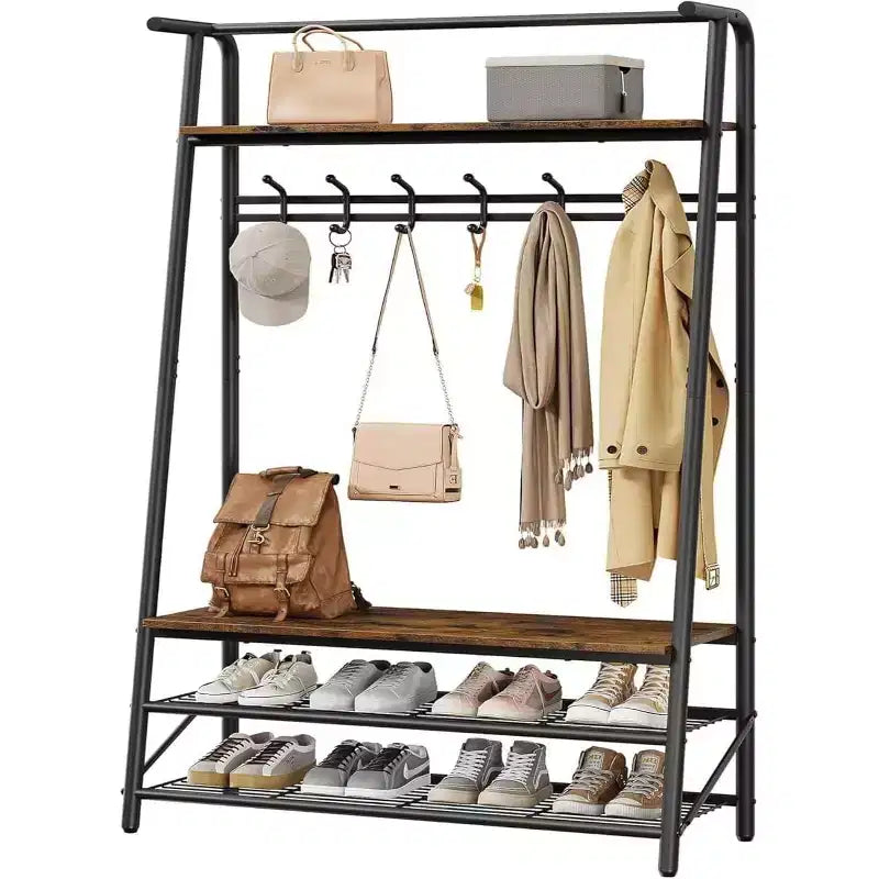 Meuble d'entrée 4-en-1 avec porte-chaussures et crochets, cadre en acier