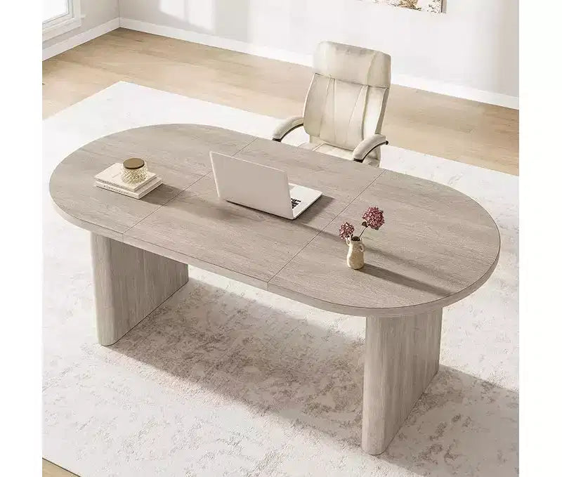 Table à Manger Ovale Spacieuse avec Double Piédestal en Bois