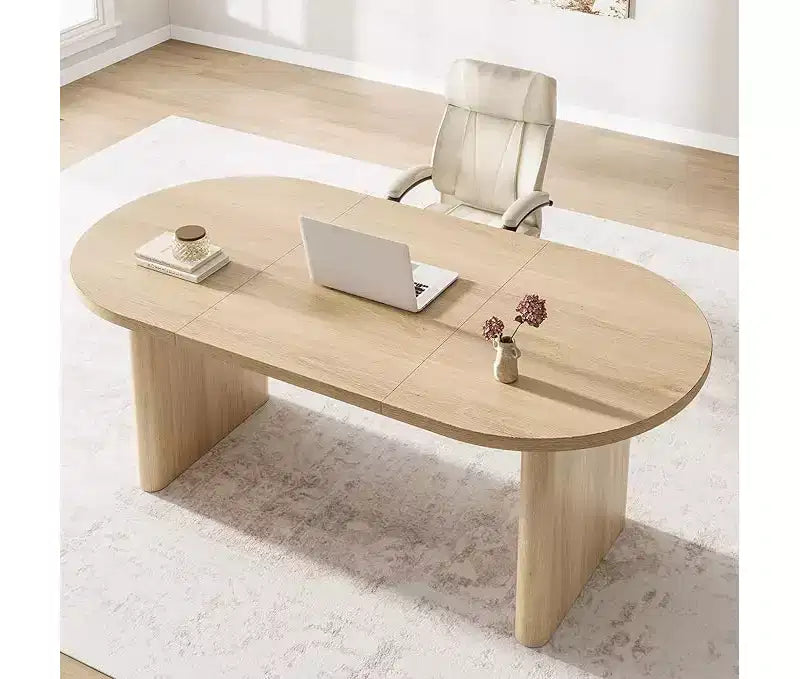 Table à Manger Ovale Spacieuse avec Double Piédestal en Bois