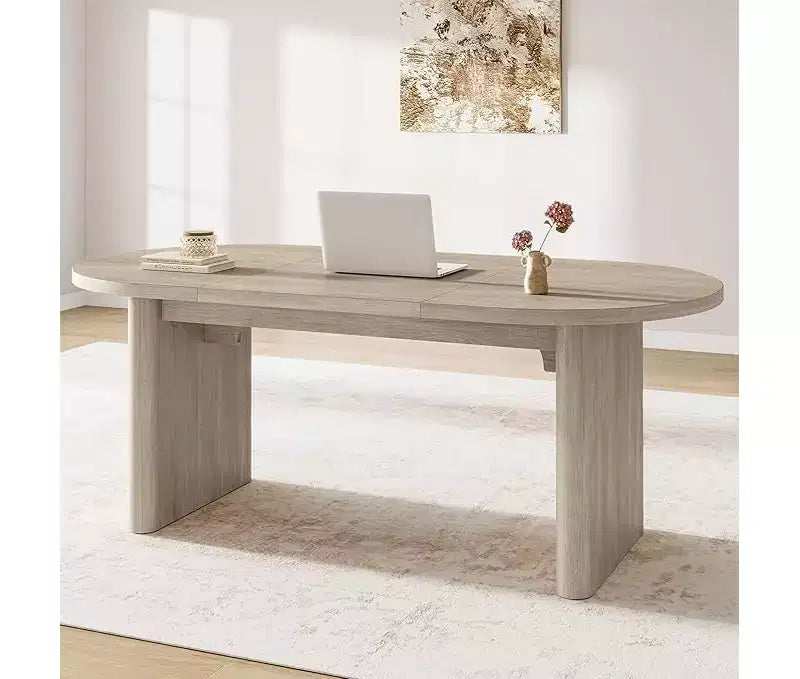 Table à Manger Ovale Spacieuse avec Double Piédestal en Bois