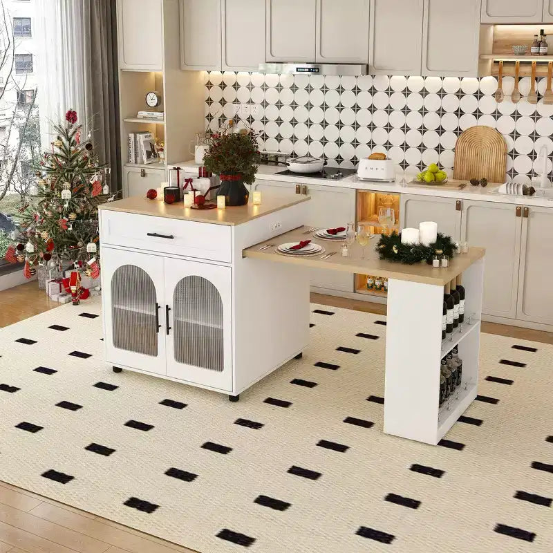 JVNOXK80-inch Expandable Mobile Cart Kitchen Island with Dining Table 2 Drawers Solid Wood Grain Countertop with Power Outlet White