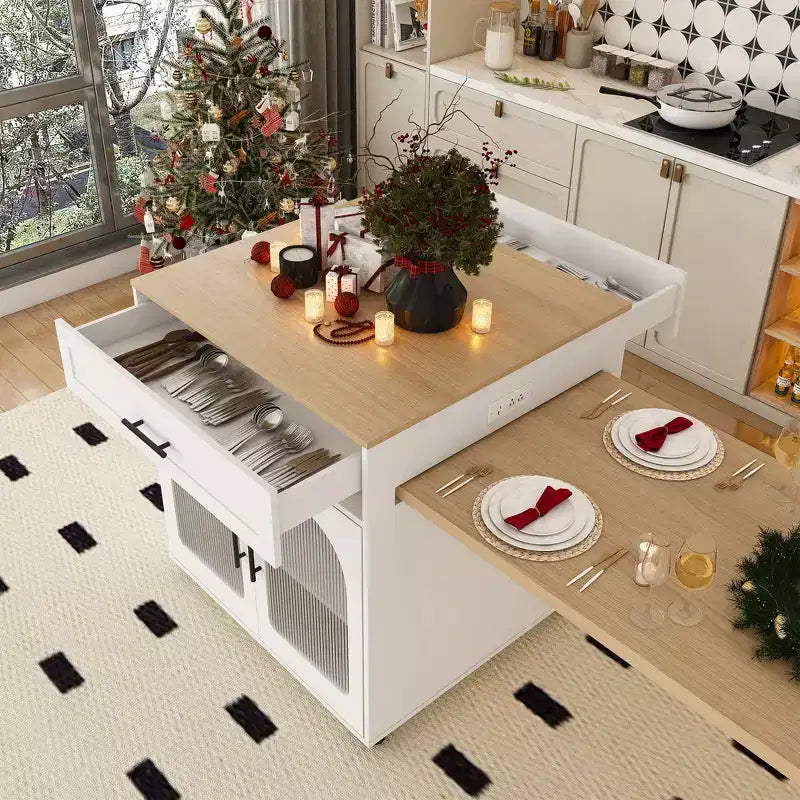 Îlot de cuisine mobile extensible avec table à manger 2 tiroirs