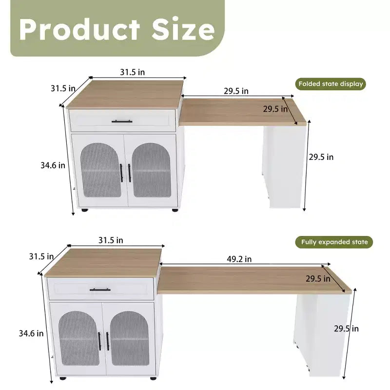 Îlot de cuisine mobile extensible avec table à manger 2 tiroirs