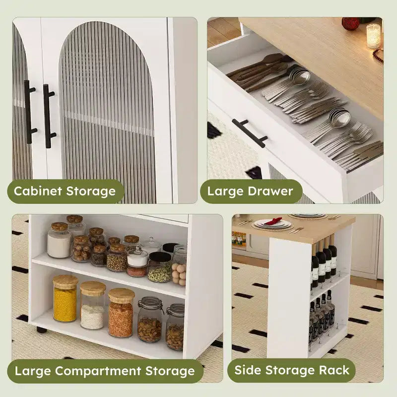 Îlot de cuisine mobile extensible avec table à manger 2 tiroirs