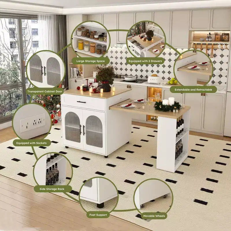 Îlot de cuisine mobile extensible avec table à manger 2 tiroirs