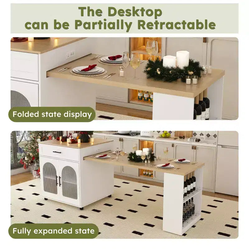 Îlot de cuisine mobile extensible avec table à manger 2 tiroirs