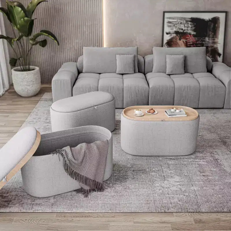 Banc de rangement moderne et élégant en tissu doux, ottoman de confort, table basse
