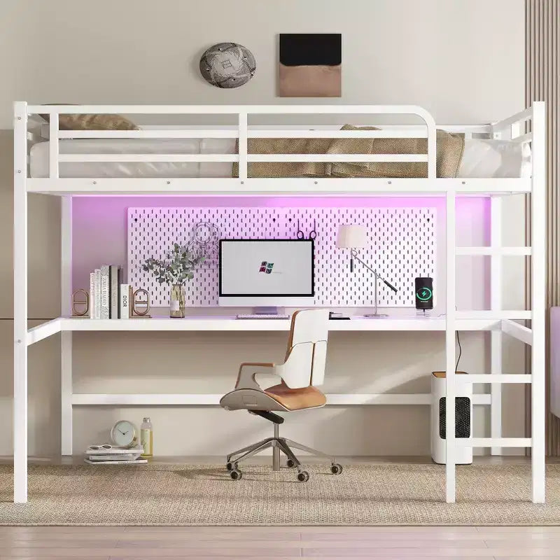Bellemave Metal Queen Size Loft Bed with Power Outlet and LED Lighted Space-Saving Noise Reduced White