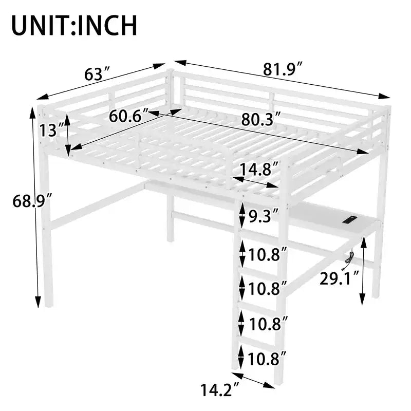 Lit mezzanine en métal avec prise de courant et espace éclairé par LED