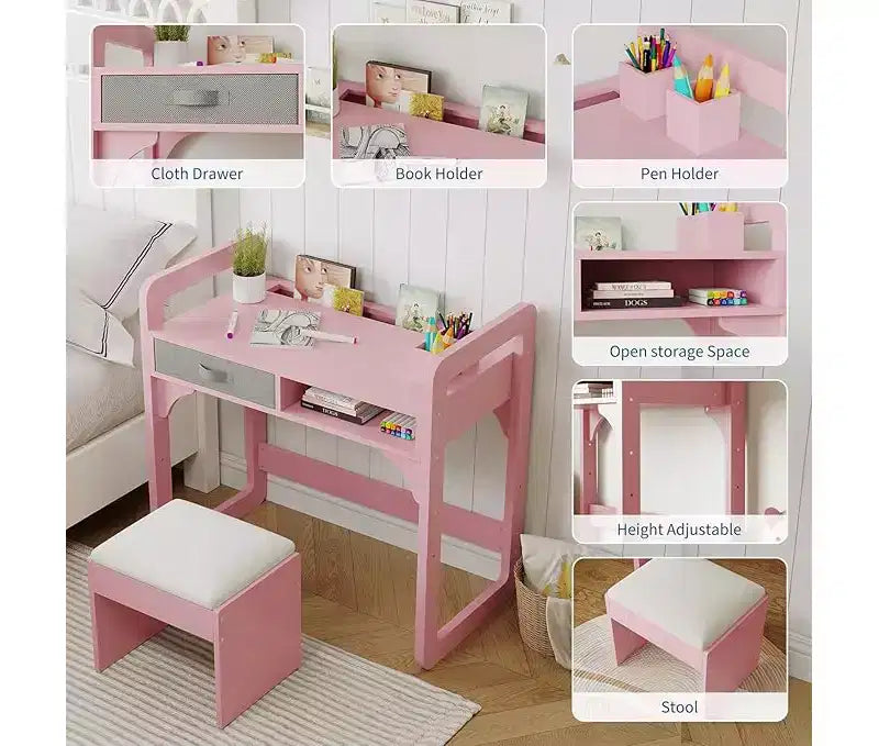 Bureau d'étude en bois avec chaise, table d'écriture et tiroirs en tissu spacieux intégrés