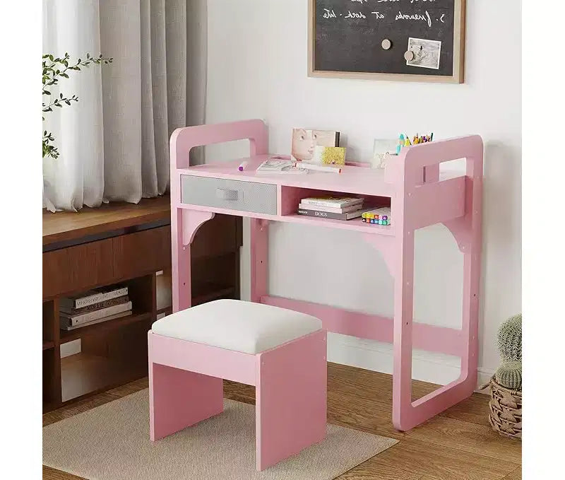Bureau d'étude en bois avec chaise, table d'écriture et tiroirs en tissu spacieux intégrés