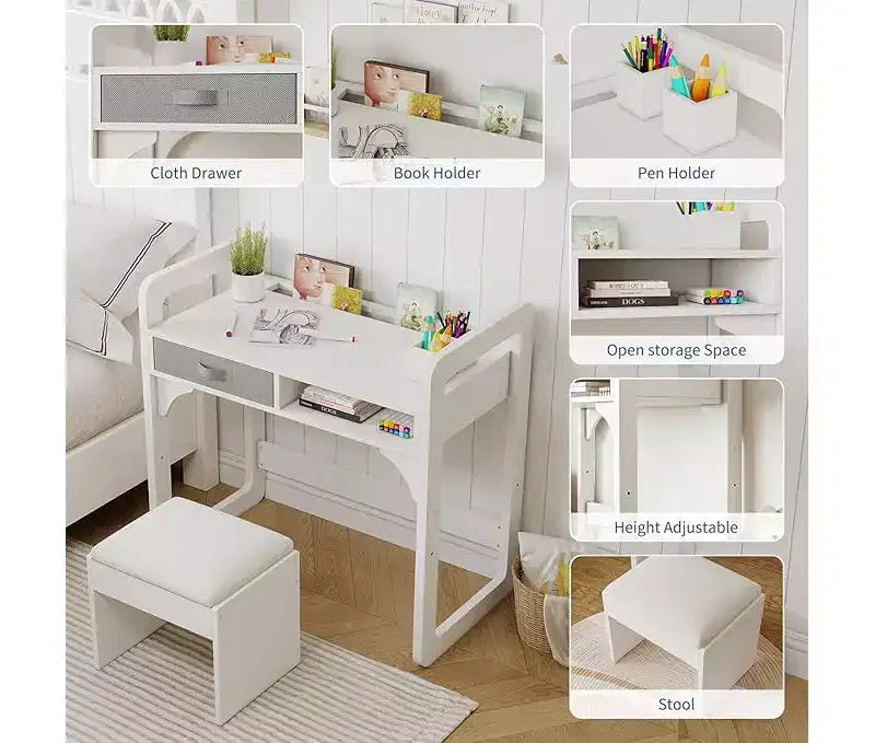 Bureau d'étude en bois avec chaise, table d'écriture et tiroirs en tissu spacieux intégrés
