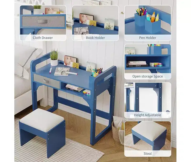 Bureau d'étude en bois avec chaise, table d'écriture et tiroirs en tissu spacieux intégrés
