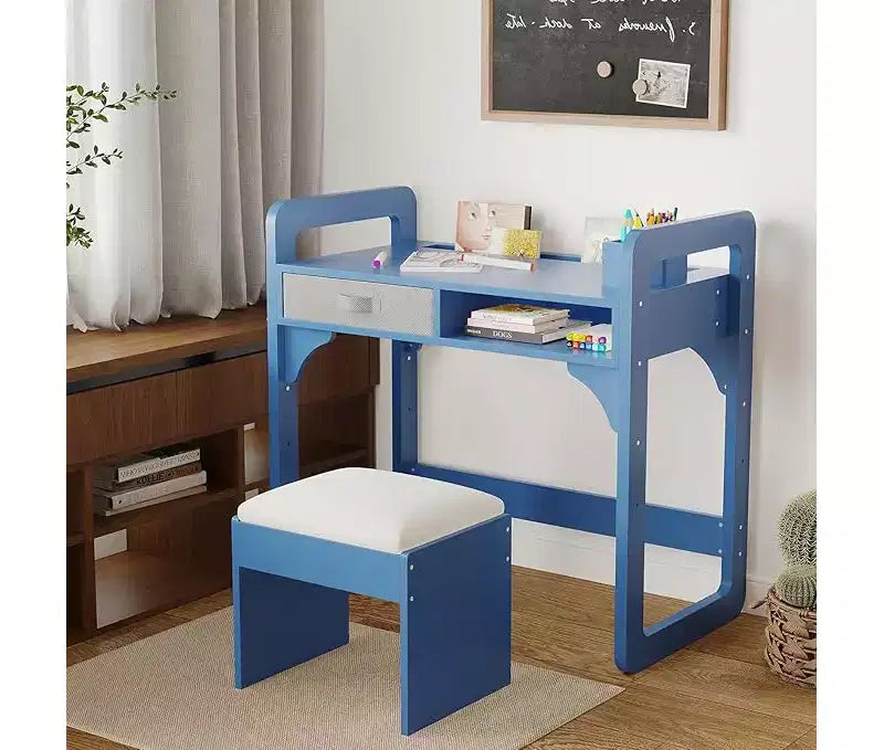 Bureau d'étude en bois avec chaise, table d'écriture et tiroirs en tissu spacieux intégrés