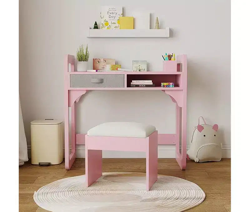 Bureau d'étude en bois avec chaise, table d'écriture et tiroirs en tissu spacieux intégrés