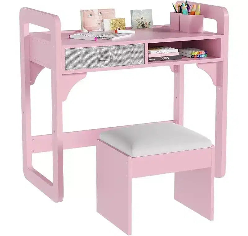 Bureau d'étude en bois avec chaise, table d'écriture et tiroirs en tissu spacieux intégrés