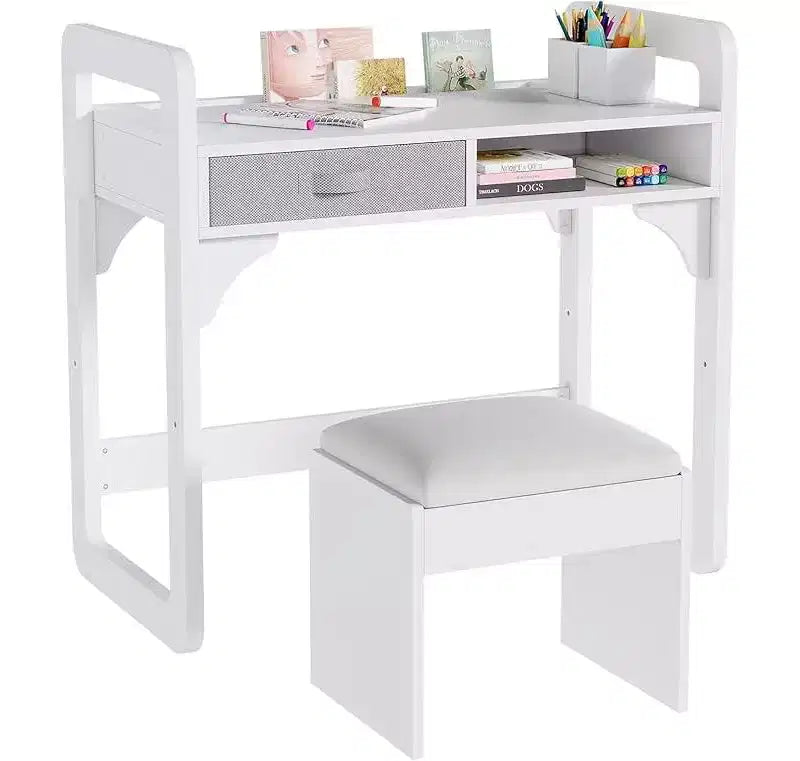 Bureau d'étude en bois avec chaise, table d'écriture et tiroirs en tissu spacieux intégrés