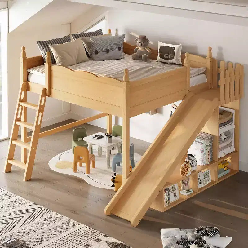 Bellemave Queen Loft Bed with Guardrail Storage Shelves and Cabinet Solid Wood Loft Bed Frame with Detachable Slide and Ladders for Kids Natural