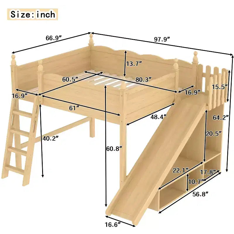 Lit mezzanine avec étagères de rangement et armoire, cadre de lit mezzanine en bois massif