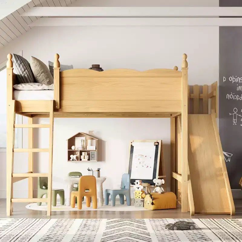 Lit mezzanine avec étagères de rangement et armoire, cadre de lit mezzanine en bois massif