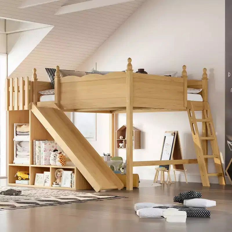 Lit mezzanine avec étagères de rangement et armoire, cadre de lit mezzanine en bois massif