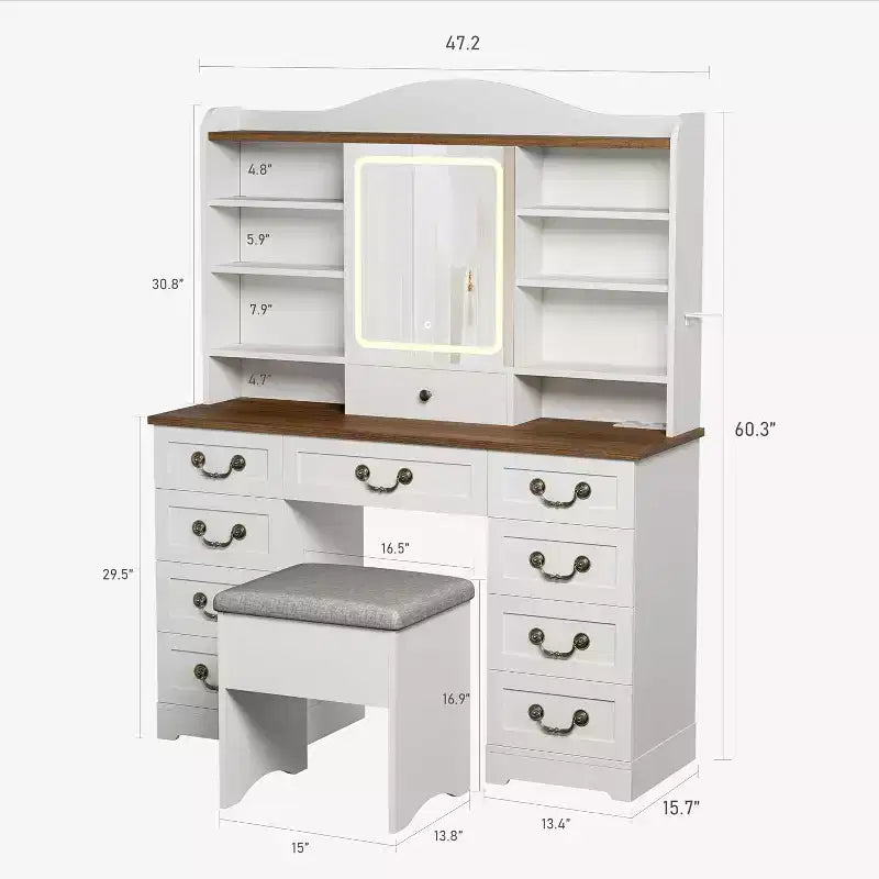 Coiffeuse 10 tiroirs avec miroir, 10 étagères et tabouret