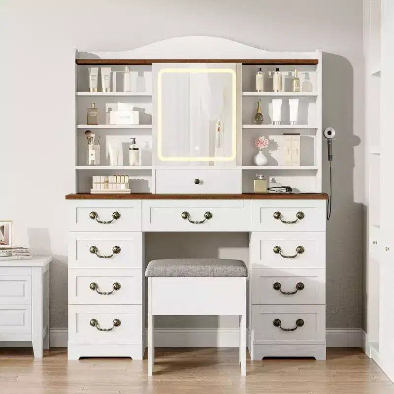 Coiffeuse 10 tiroirs avec miroir, 10 étagères et tabouret