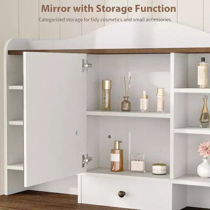 Coiffeuse 10 tiroirs avec miroir, 10 étagères et tabouret