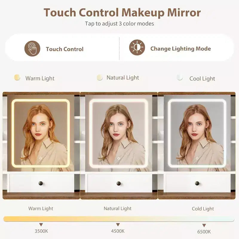 Coiffeuse 10 tiroirs avec miroir, 10 étagères et tabouret