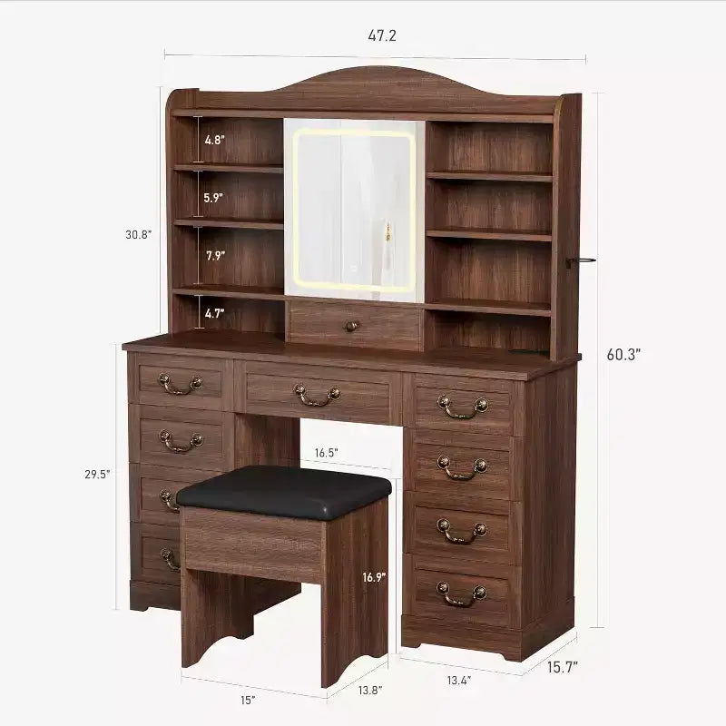 Coiffeuse 10 tiroirs avec miroir, 10 étagères et tabouret