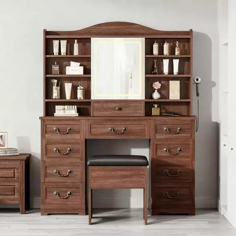 Coiffeuse 10 tiroirs avec miroir, 10 étagères et tabouret